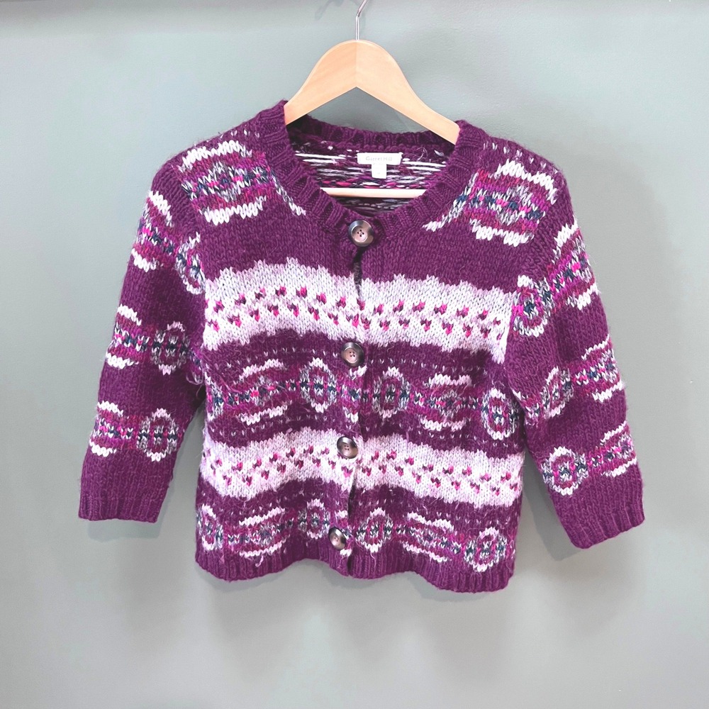 Garnet Hill Fair Isle Knit Button Up Cardigan Purple Alpaca Wool Sz.‎ M